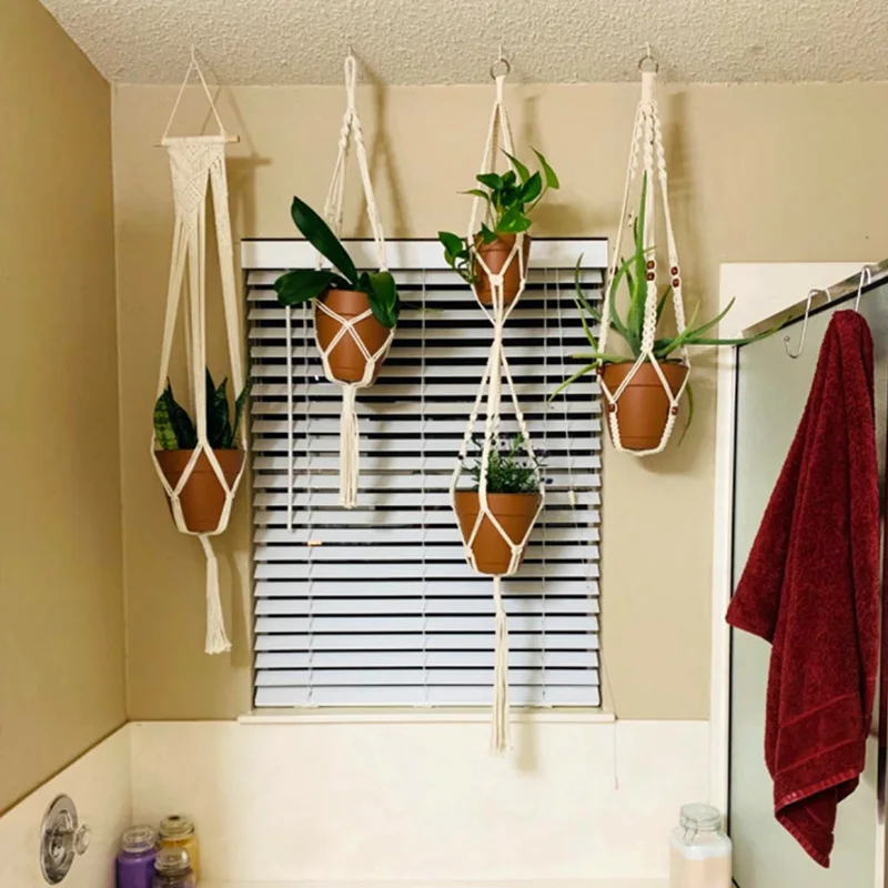 Pot De Fleurs Suspendu En Macramé - 89 Cm - Corde Coton Noir Avec Perles En Bois - Style Bohème Pour Intérieur Et Extérieur