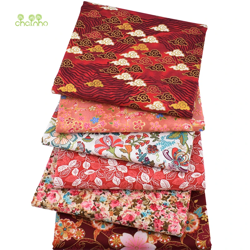 Chainho,6pcs/Lot,Dark Red Floral,Printed Twill Cotton Fabric,Patchwork Cloth,DIY Sewing&Quilting Fat Quarters Material For Baby