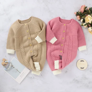 

2020 Autumn Winter 0-24M Infant Baby Girl Knited Romper Button Long Sleeve Solid Jumpsuit Playsuit Sweater 2 Colors