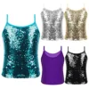 Kids Girls Dance Crop Top Adjustable Spaghetti Shoulder Sequins Tank Top for Ballet Tap Jazz Dance Stage Performance Dancewear