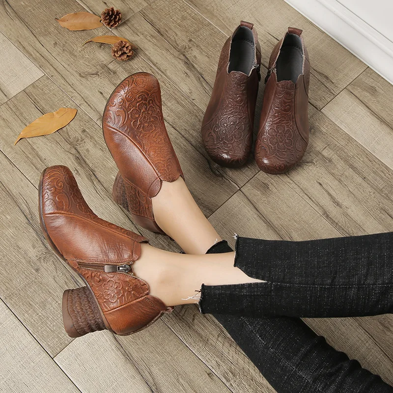 

Women Ankle Boots Leather High Heels Shoes Women Autumn Embroidery Genuine Leather Pumps Ladies Handmade Martin Boots Retro 2019