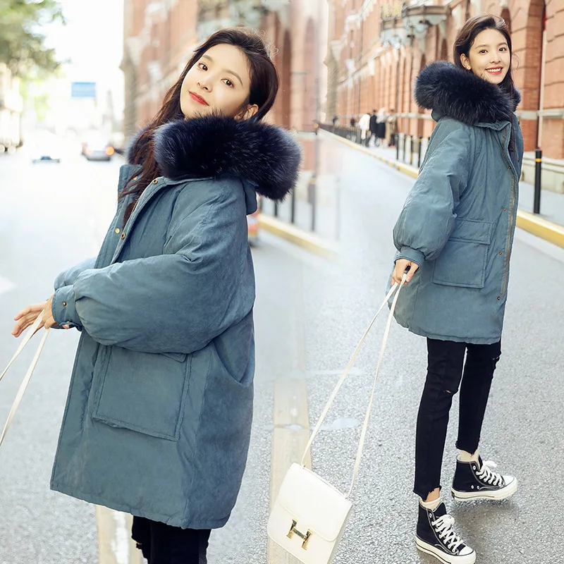 

2018 Autumn And Winter Down Jacket Women's Mid-length Peach Skin Online Celebrity Cotton Coat Loose-Fit Large Fur Collar down Co