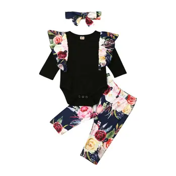 

newborn baby girl clothes Kid Infant Clothing Flower Fly-Sleeve Bodysuit Pants 3PCS Floral Ruffles Autumn Clothes