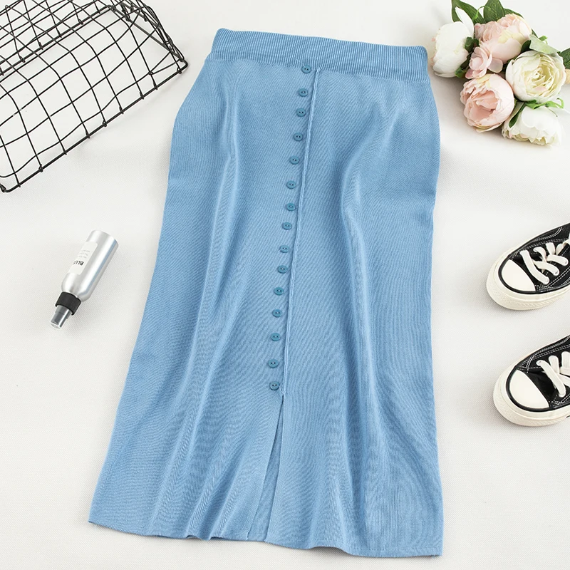 

SKOONHEID Women knitted skirts A-line warm long skirts midi knitted split bottom button knitting maxi skirt autumn winter