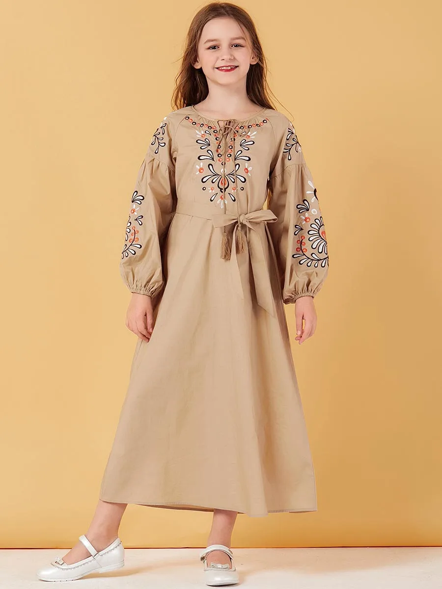 Длинное мусульманское платье Для женщин девочек Абаи марокканский Дубай Турецкая индейка Бангладеш костюм, накидка, Восточный халат, одежда с вышивкой для детей, Кафтан Исламская Костюмы