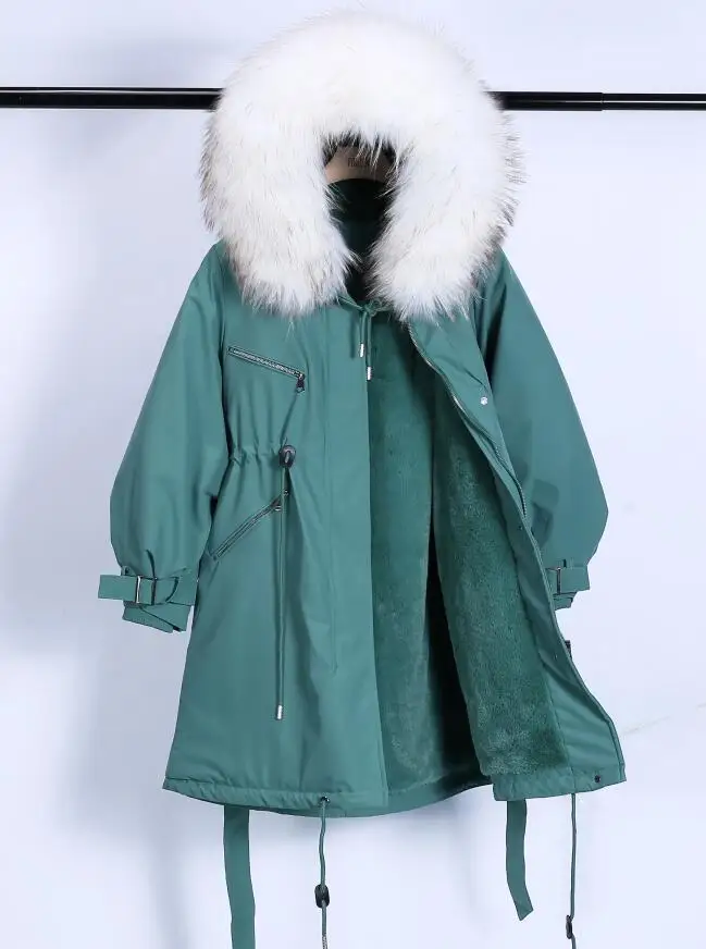 green Real white fur Зимняя куртка, пальто для женщин, брендовые парки,, большой воротник из натурального меха енота, с капюшоном, Длинная женская стеганая зимняя верхняя одежда - Цвет: green Real white fur