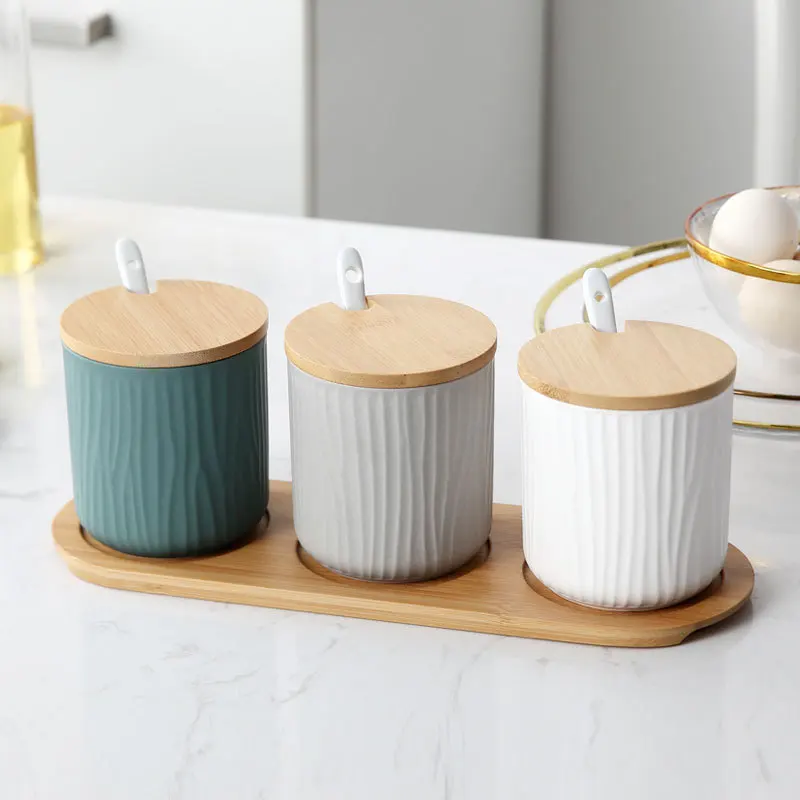 3 in 1 Nordic Ceramic Seasoning Jar Set 300ML Box Pepper Salt Can Condiments Container With Spoon Kitchen Storage Rack | Дом и сад