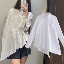 

Elmsk Shirt 2021 Autumn Blouse Women England Style High Street Personality Asymmetry Loose Casual Blusas Women Blouse And Top
