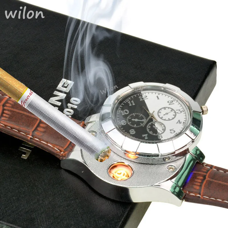 Hombres reloj de cuarzo encendedor USB electrónico recargable encendedor de cigarrillos sin llama regalos de los hombres correa de cuero F667 hombre reloj 1 Uds