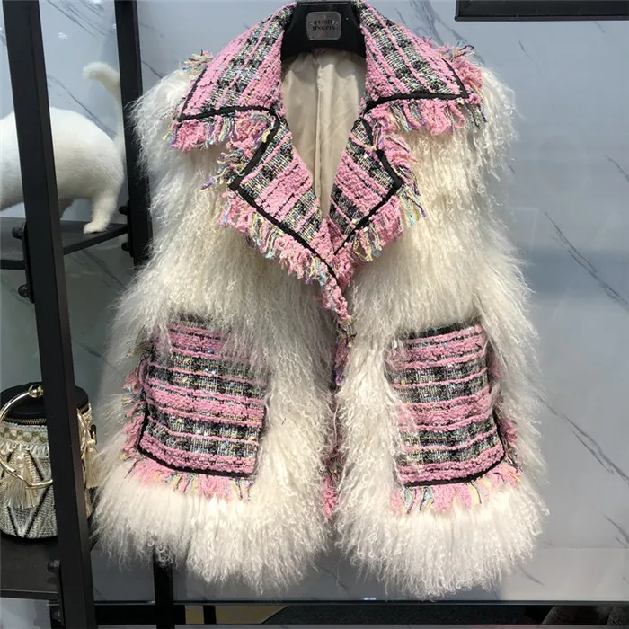 

Small fragrance tweed wool collar real mongolia sheep fur vest women hot sale overcoat