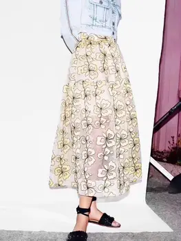 

19 Summer Hollow Pattern Slim Fit A Word Skirt Mesh Embroidery Long Skirt Female Half Body Skirt Pure Yuan 93033