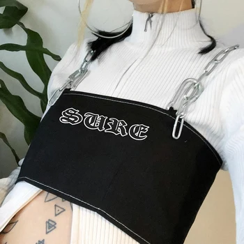 

Black Streetwear Letter Print Camis Women 2019 Fashion Chain Patchwork Camisole Cropped Backless Crop Top Women