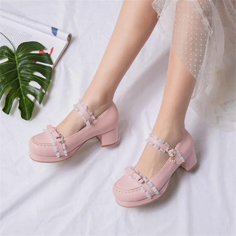 2020 Spring New Sweet Bow Women Pumps Lolita Shoes Fashion Lace Thick 5cm High Heel Buckle Strap Shoe Pumps Woman Big Size 30-46 (22)