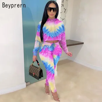 

Beyprern Chic Tie Dye Hooded Tracksuit Set Two-Piece Suits Casual Long Sleeve Print Sproty Suits Club Overalls 2 Piece Outfits