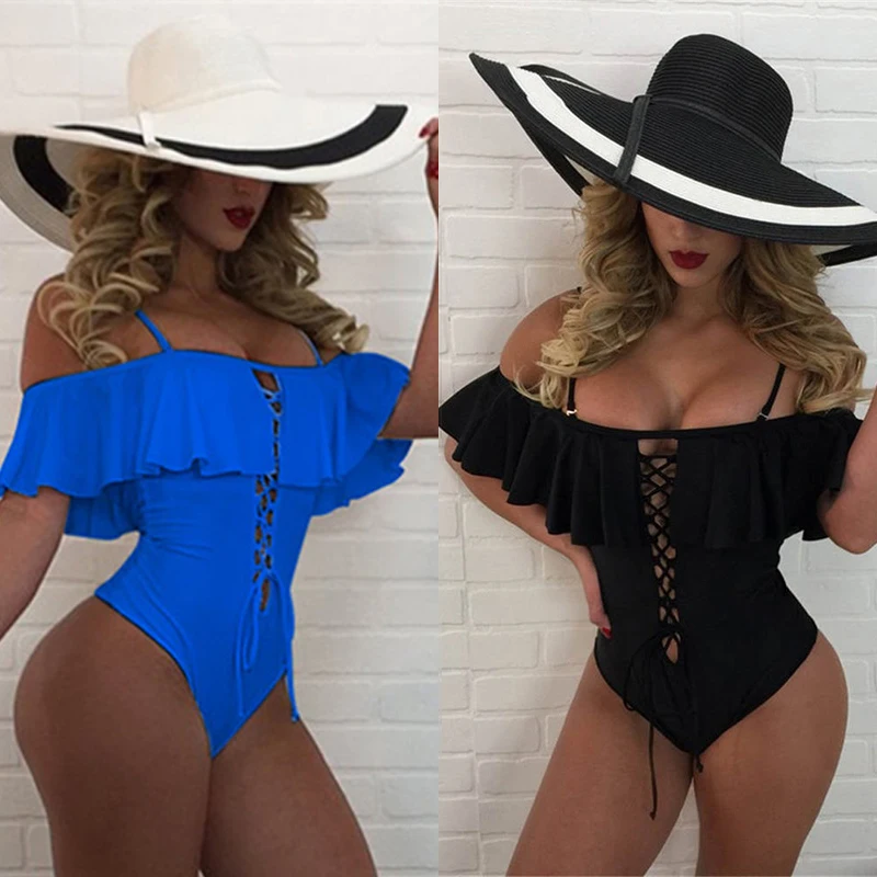 

Sexy Ruffle Swimwear Women 2019 New One Piece Suits Bandage Swimsuit Women Brazilian Swim Suit Solid Black Swimming Beach Party