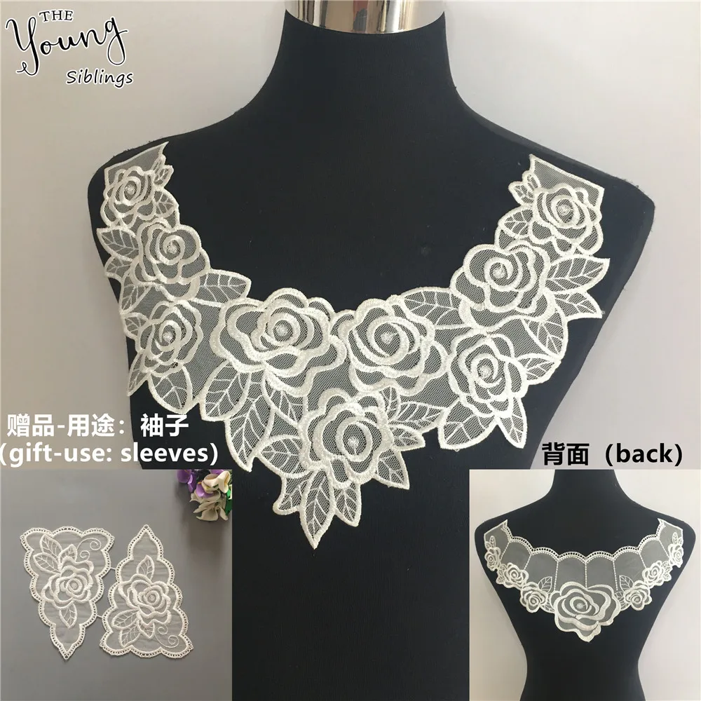 

New arrive White Embroidery Applique Neckline Lace collar Sewing Lace Fabric Wedding Dress DIY Accessory Supplies A set of sale