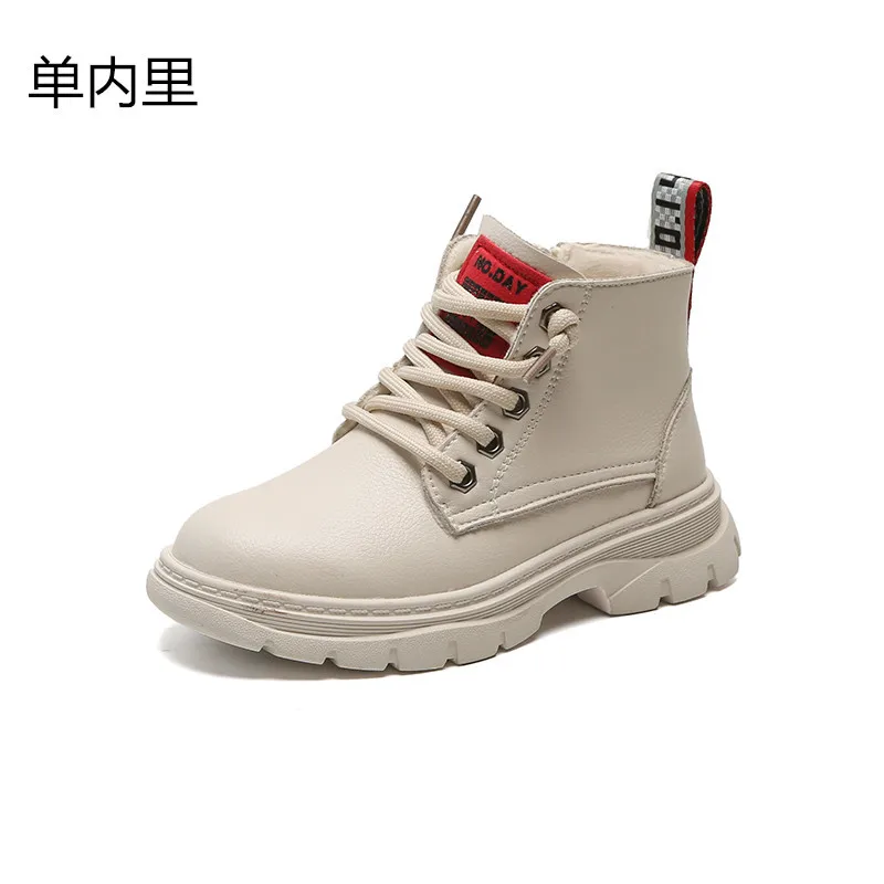 beige mesh lining Зимние ботильоны; детская обувь из натуральной воловьей кожи; школьная зимняя теплая обувь на меху для мальчиков и девочек; модная детская обувь унисекс на молнии - Цвет: beige mesh lining
