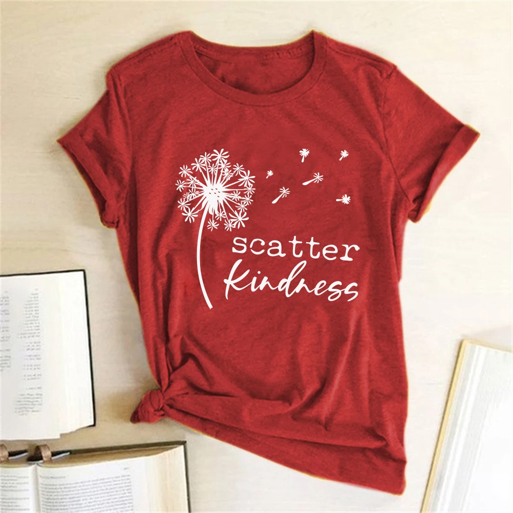 Dandelion Scatter Kindness Printed T-shirts Women Summer 2020 Vogue T Shirt Women Cotton Graphic Tee Loose O Neck Harajuku Top