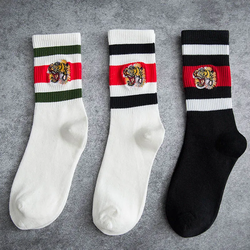 Хлопковые носки с вышивкой головы тигра для мужчин и женщин, цветные полосатые уличные носки в европейском и американском стиле, спортивные носки Беговые