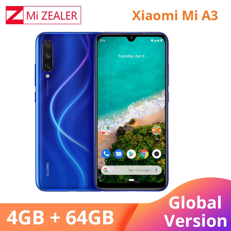 Новая глобальная версия Xiaomi Mi A3 4 Гб 64 Гб Смартфон 4030 мАч 6,08" Восьмиядерный процессор Snapdragon 665 AMOLED экран Камера 48 МП