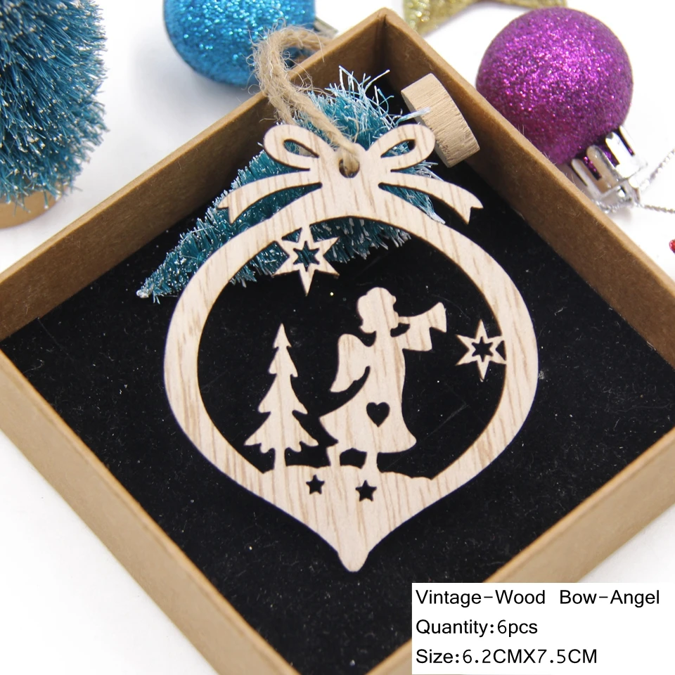 6pcs Bow-Angel 6 шт./лот, винтажные полые рождественские подарки, Деревянные Подвески, украшения из дерева, елочные украшения, детские игрушки, подарки - Цвет: 6pcs Bow-Angel