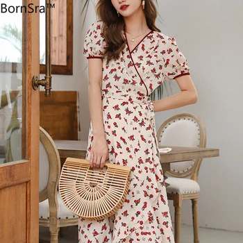 

Bornsra 2020 Knee-length Dress Summer New Fashion Dress Female Flower Beach Dress Short Office Lady Dress Elegant Femate