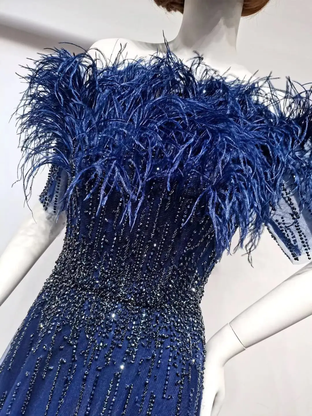 Navy Blue Feathers Gowns Fashion Women 