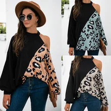 

sexy cut out leopard print pullover Women 2021 autumn new color block top