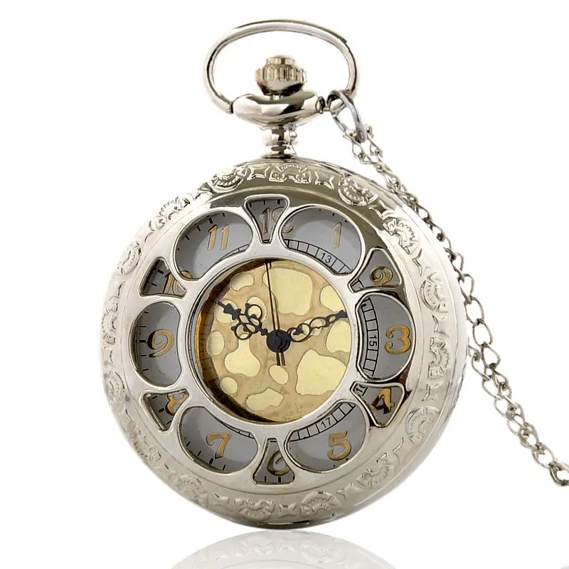 Винтаж Серебро Полые кварцевые карманные часы с цепочкой Ретро Золотой циферблат для мужчин женщин кулон цепочки и ожерелья