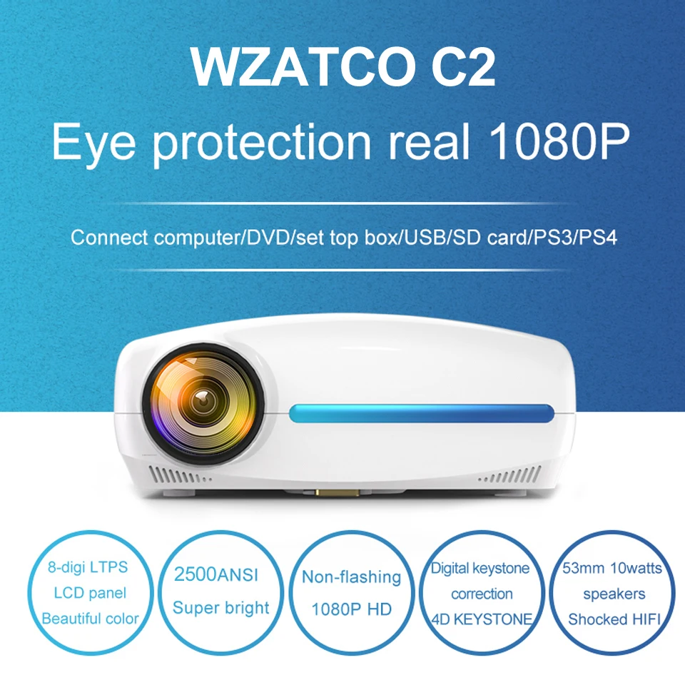 WZATCO C2 1920*1080P Full HD светодиодный проектор с 4D цифровым Keystone 6500 люмен Домашний кинотеатр портативный HDMI проектор СВЕТОДИОДНЫЙ Proyector