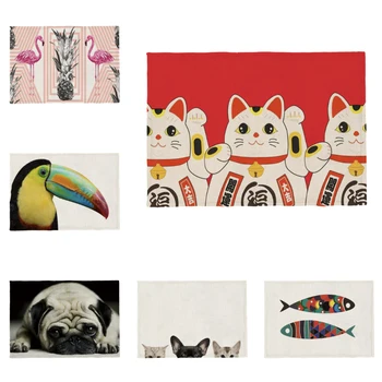 

Cute Cartoon Animal Kids Coaster Toucan Pug Japanese Cat Goldfish Deer Polyester Hemp Custom Restaurant Placemat Napkin Cloth