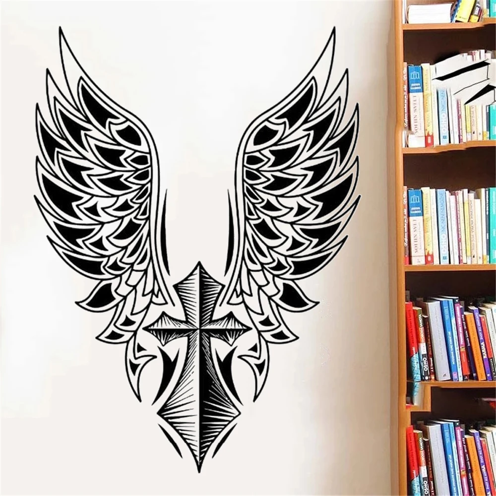 

Wall Stickers Cross Angel Wings Art Vinyl Murals Home Decorative Free Swing Poster Angel Wings Design Wallpaper Decals DW6443