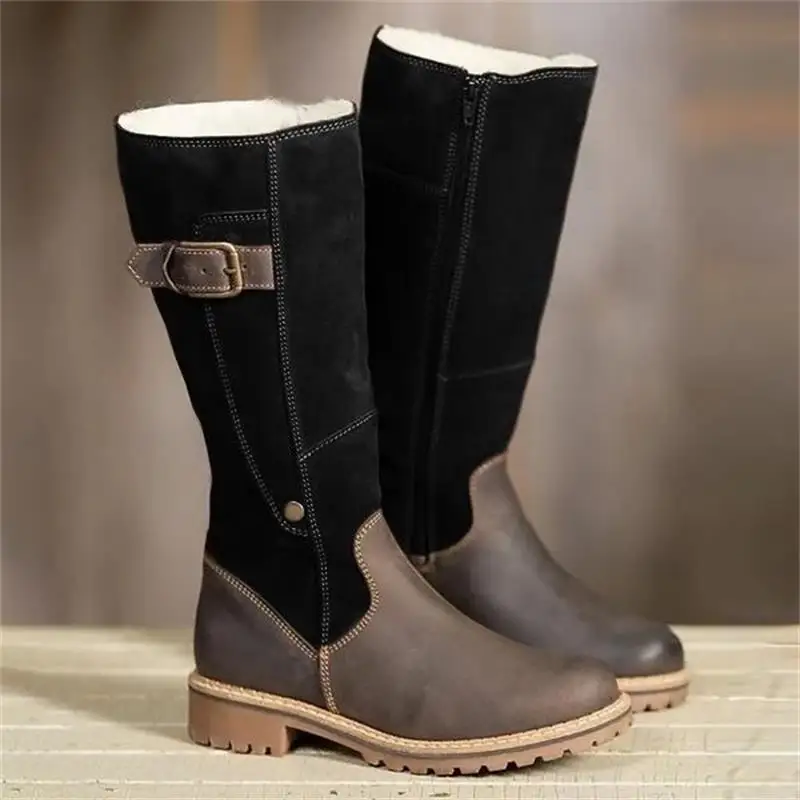 New Boots Women Leather Flock Winter Plush Warm Kneel High Boots Luxry Ladies Patchwork Flat Shoes Casual Female Snow Boots - Цвет: blackbrown