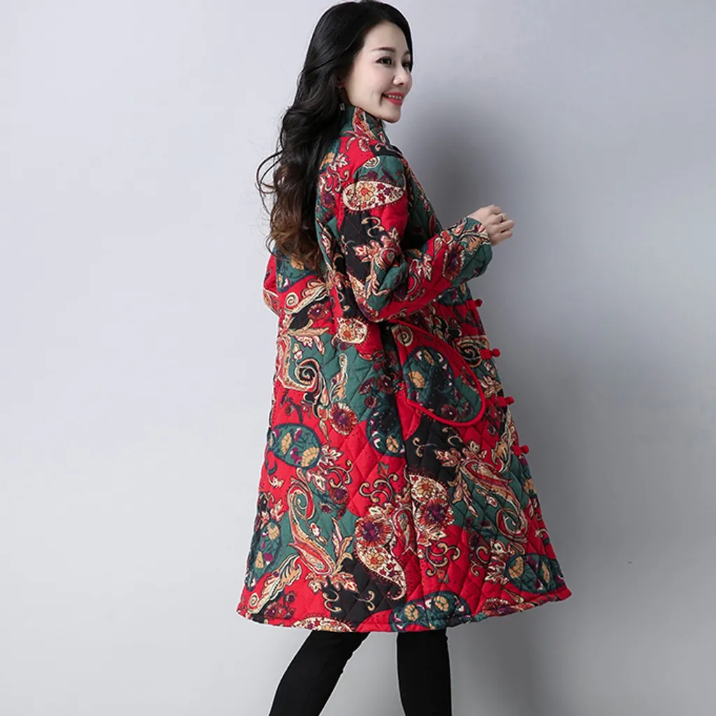 2019 женские теплые парки ретро принт китайский стиль топ на пуговицах блуза с