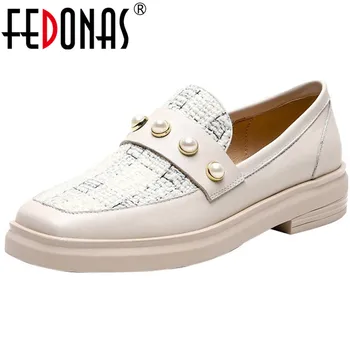 

FEDONAS Pearl Decoration Thick Heels Pumps Newest Genuine Leather Round Toe Women Shoes 2020 Summer Platsforms Basic Shoes Woman