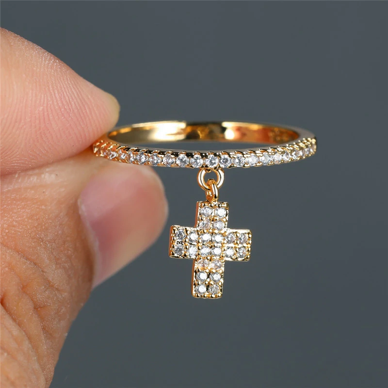 con colgante de Cruz de cristal para mujer, sortija de compromiso a la moda de Color dorado y plateado, sortija de boda de circón blanco para mujer|Anillos| - AliExpress