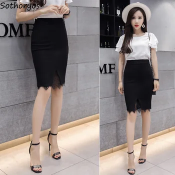 

Skirts Women Lace Hollow Inside patchwork Split Knee-length High Waist Skirt Womens Office Ladies Elegant Trendy European Style