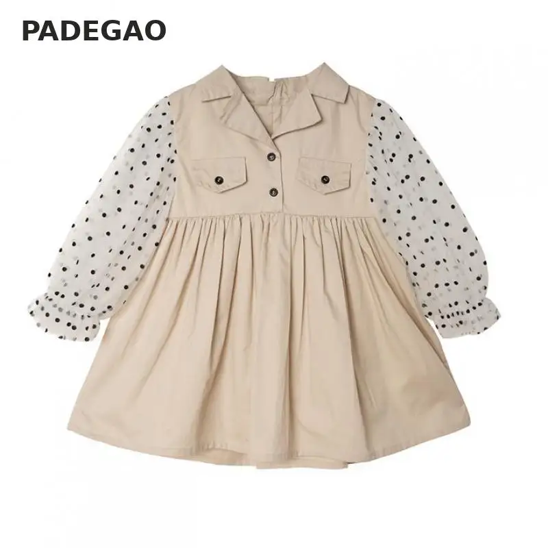 

Girls Dress Mesh Patchwork Color Matchin Lantern Sleeveg Dot Dress Girl Cotton Long Sleeve Kids Dresses For Girls Kids Clothes
