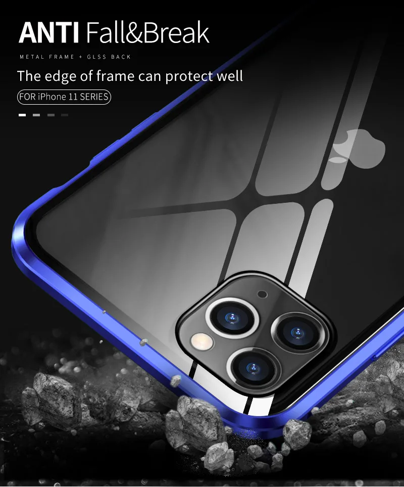 Роскошный противоударный защитный чехол для телефона, чехол для iPhone 11 Pro Max, синее закаленное стекло и Алюминиевый металлический магнитный чехол
