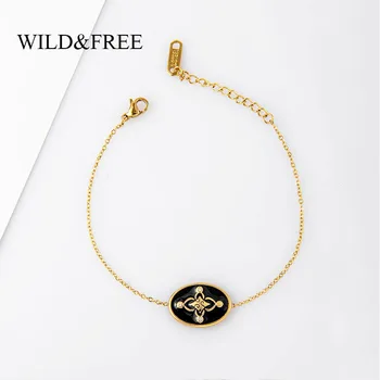 

Wild & Free New Gold Chain Bracelets For Women Stainless Steel Black Enamel Leaf Oval Shape Bangles Jewelry Wedding Gift