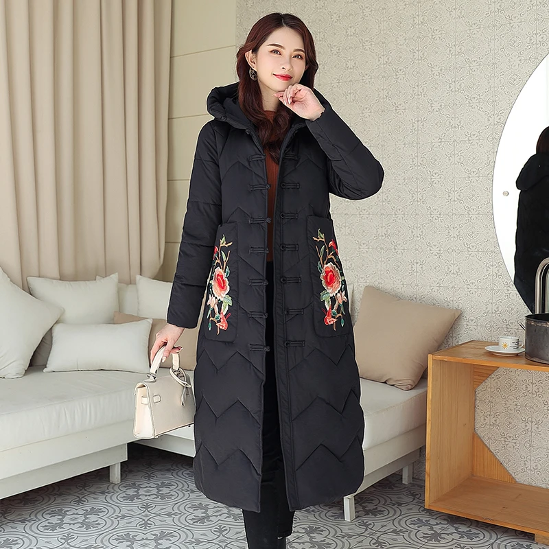 Китайский стиль тонкий плюс размер 3XL Вышивка женские зимние куртки пальто Новая модная женская зимняя теплая куртка парки - Цвет: Черный