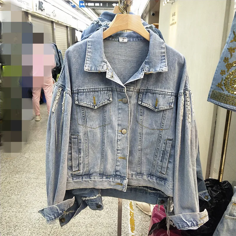 

2020 Spring Fall Women Denim Jacket Beads Drilling Tassels Loose-Fit Long Sleeve Short Jeans Coat Women's Casual Jean Jackets