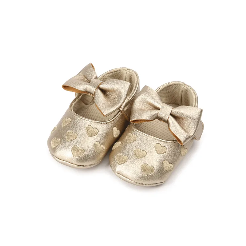 3 Style Newborn Infant Baby Girls Boys Lovely Causal Shoes Crib Shoes Leather Heart Print Hook Soft Sole Baby Shoes 0-18M - Цвет: Золотой