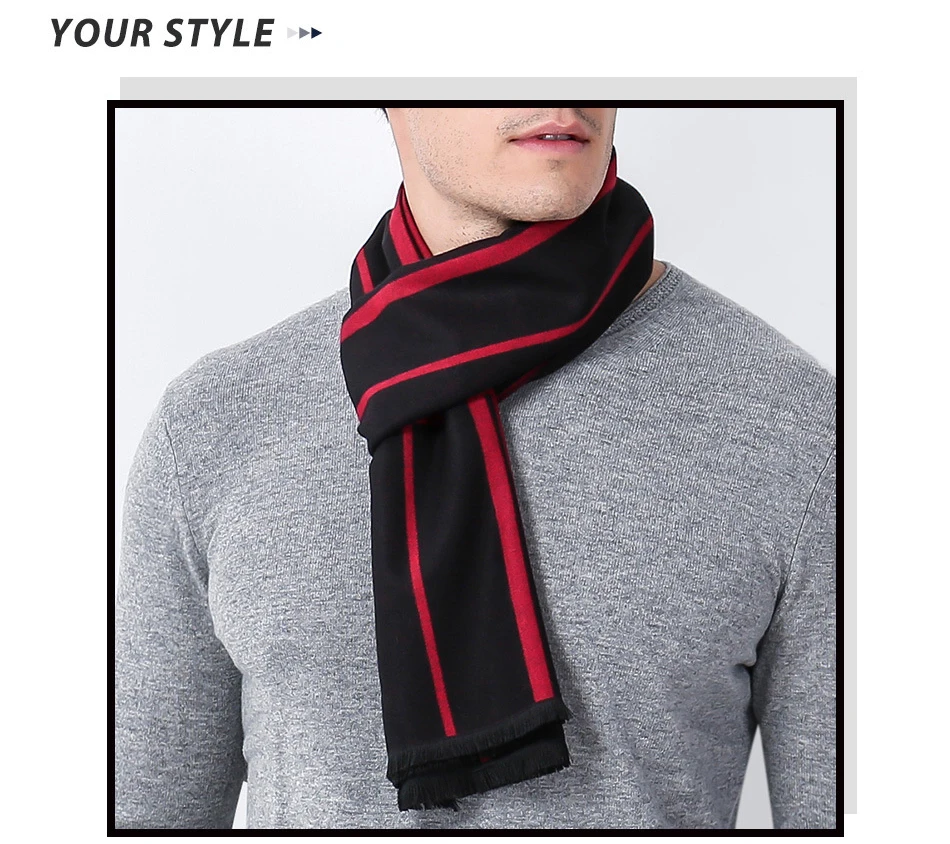 2022 Classic Business Leisure Black Red Stripe Men Scarf Winter Cashmere Warm Wool Grey Brown Navy Blue Scarfs For Father mens red scarf