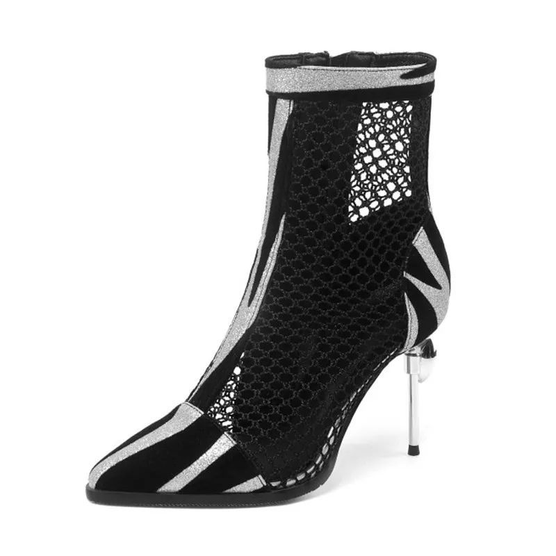 2020 Summer Zebra Print Ankle Boots For Woman Lace Mesh Hollow Cutout Lady Shoes Boots Rhinestones High Heel Sandals Big Size 50 (5)