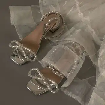 

The new summer 2020 sequined diamond and pearl bow-tied lady's shoes fairy wind open-toe heel sandals