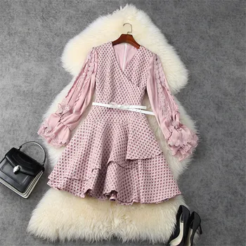 

2020 Autumn New Fashion Designers Women Runway Flare Sleeve V Neck Ruffle Mini Party Dress Elegant Robe Femme Vestidos