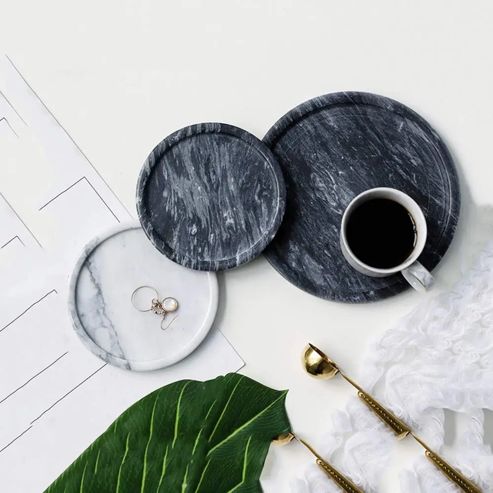 Natural Real Marble Mini Round Tray Decorative Cup Coasters Jewelry Cosmetics Storage Holder (14X14X1.2CM)