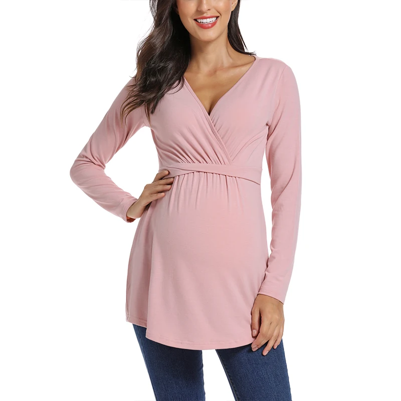 

Maternity Breastfeeeding Clothes Womens Clothing Nursing Tops Blouses Prengnacy Shirt V-Neck Waist Pleated Flowy Casual Top Pink