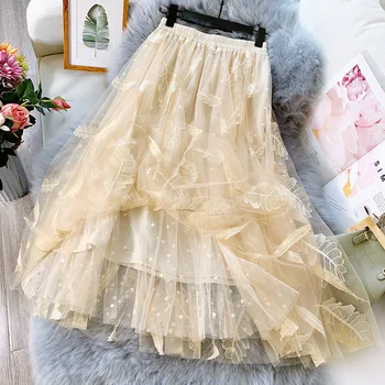

Korean Style Fashion Women Spring Mesh Skirt Elastic High Waisted Luxury Embroidery Lace Long Skirt 3 Layers Faldas Largas Mujer